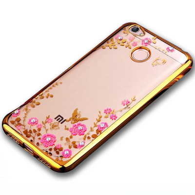   Луксозен силиконов гръб ТПУ ултратънък с 3D камъни и златист кант за Xiaomi Redmi Note 5A розови цветя 
